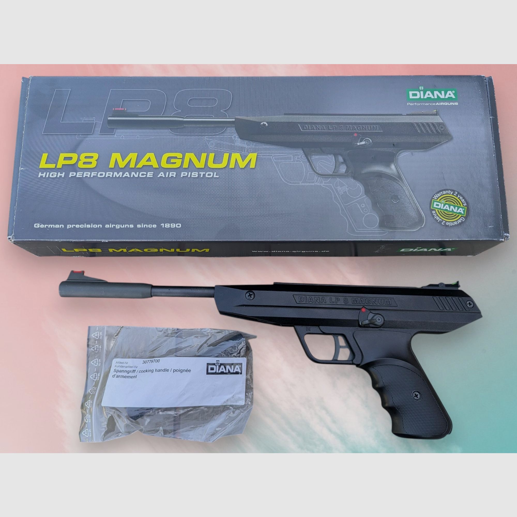 Pistola de aire comprimido de cañón basculante Diana LP8 Magnum 4,5mm Diabolo con ayuda de armado en embalaje original, estado excelente