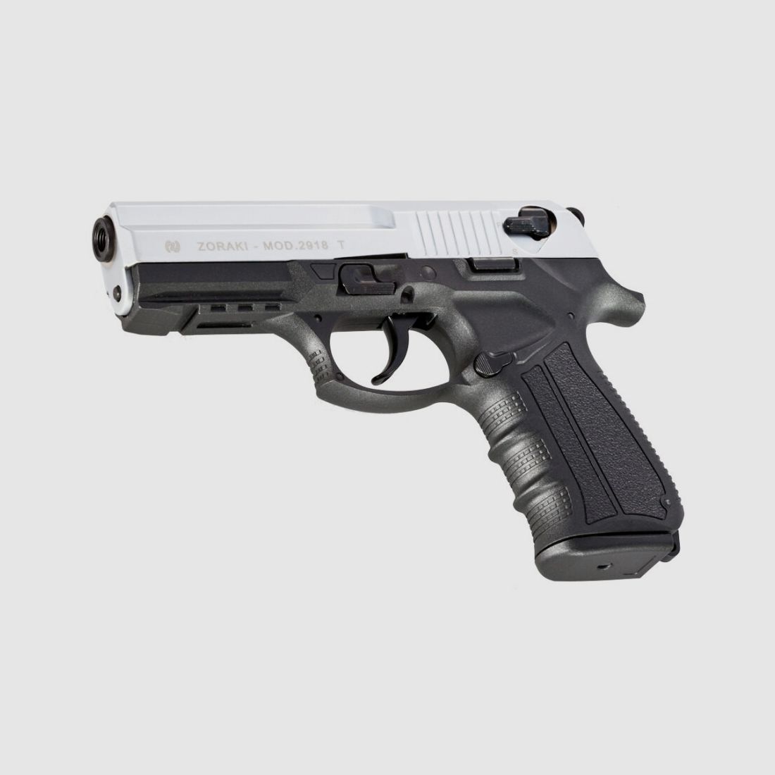 ZORAKI 2918 Black / Matt Chrome 9mm P.A.K. blank firing pistol in the style of the Beretta 92F / M9