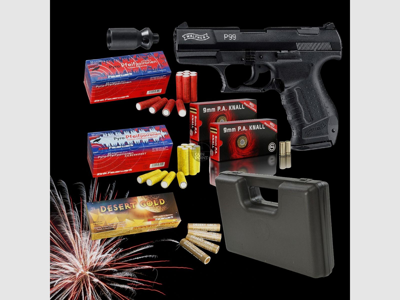 SILVESTER MEGASET !!! Schreckschuss - Pistole - Walther P99 - 9 mm P.A.K. inkl. Koffer, 150 Platzpatronen & 120 Schuss Effektmunition