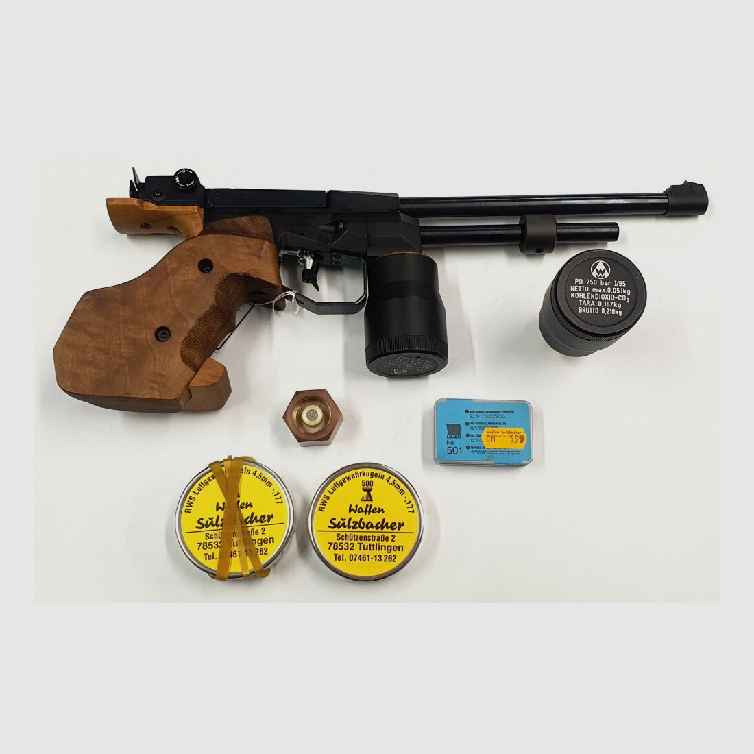 Pistola CO2 Feinwerkbau Mod. C25 calibro 4,5mm Diabolo, F nel pentagono con valigetta e accessori, sinistra