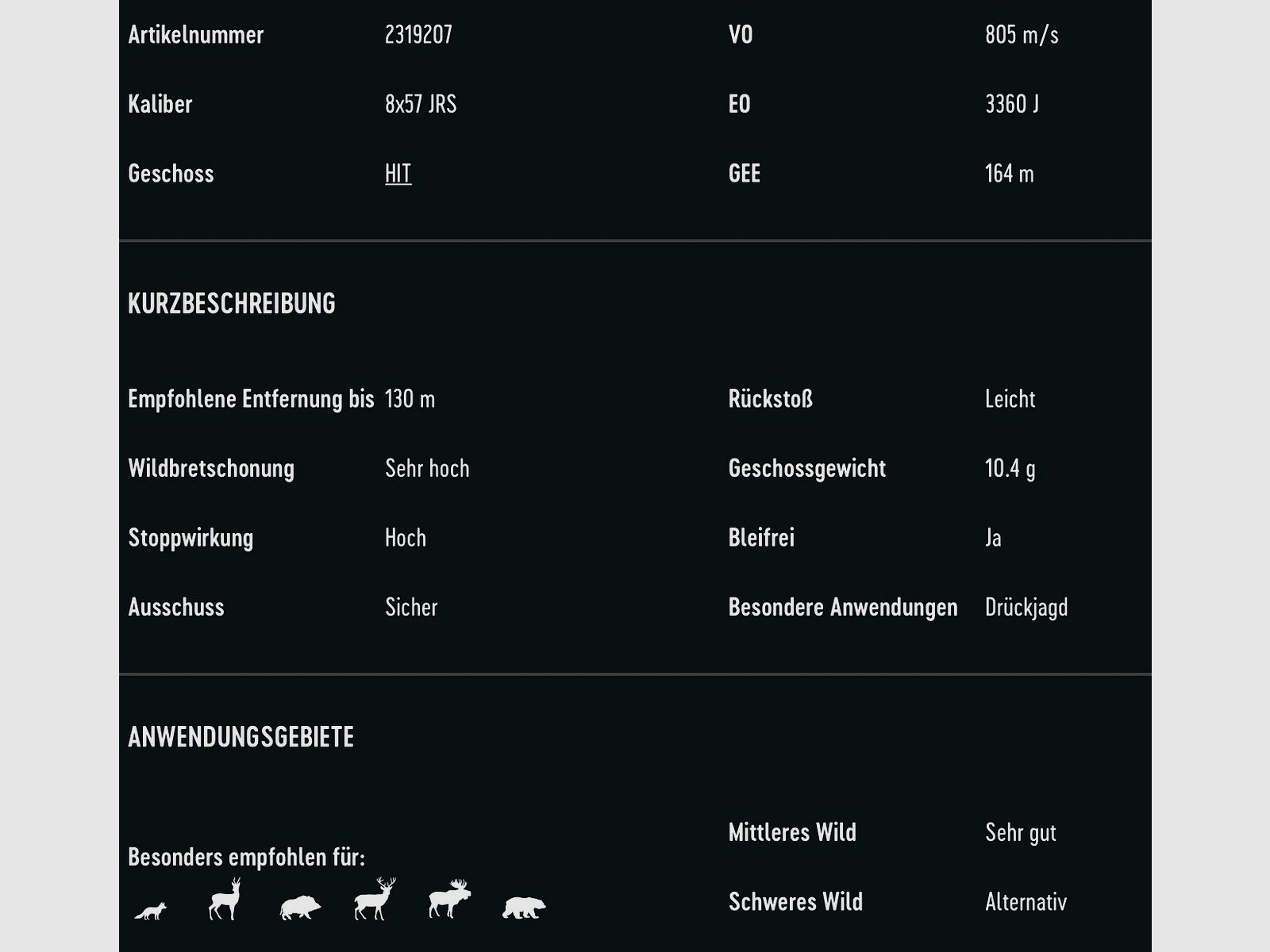 RWS 2319207 Büchsenpatronen 8x57 IRS HIT 10,4g 160grs. Bleifrei, Bild 3 von 6