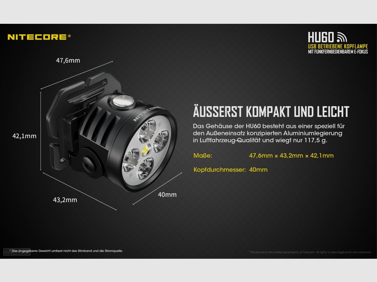 Nitecore HU60WB-2 Stirnlampe 1600 Lumen elektronischer Fokus inklusive Fernbedienung