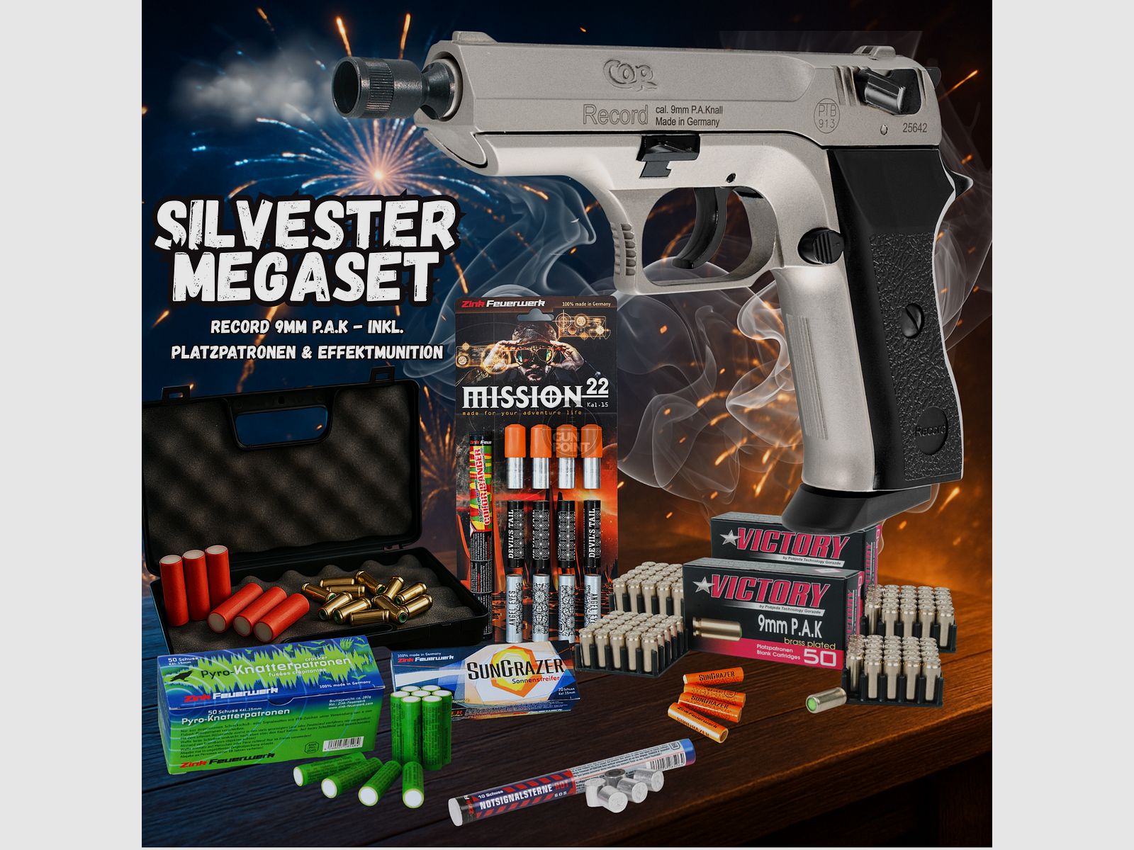 SILVESTER MEGASET !!! Schreckschuss - Pistole - RECORD Modell COP VN. - 9 mm P.A.K. inkl. Koffer, 100 Platzpatronen & 102 Schuss Effektmunition