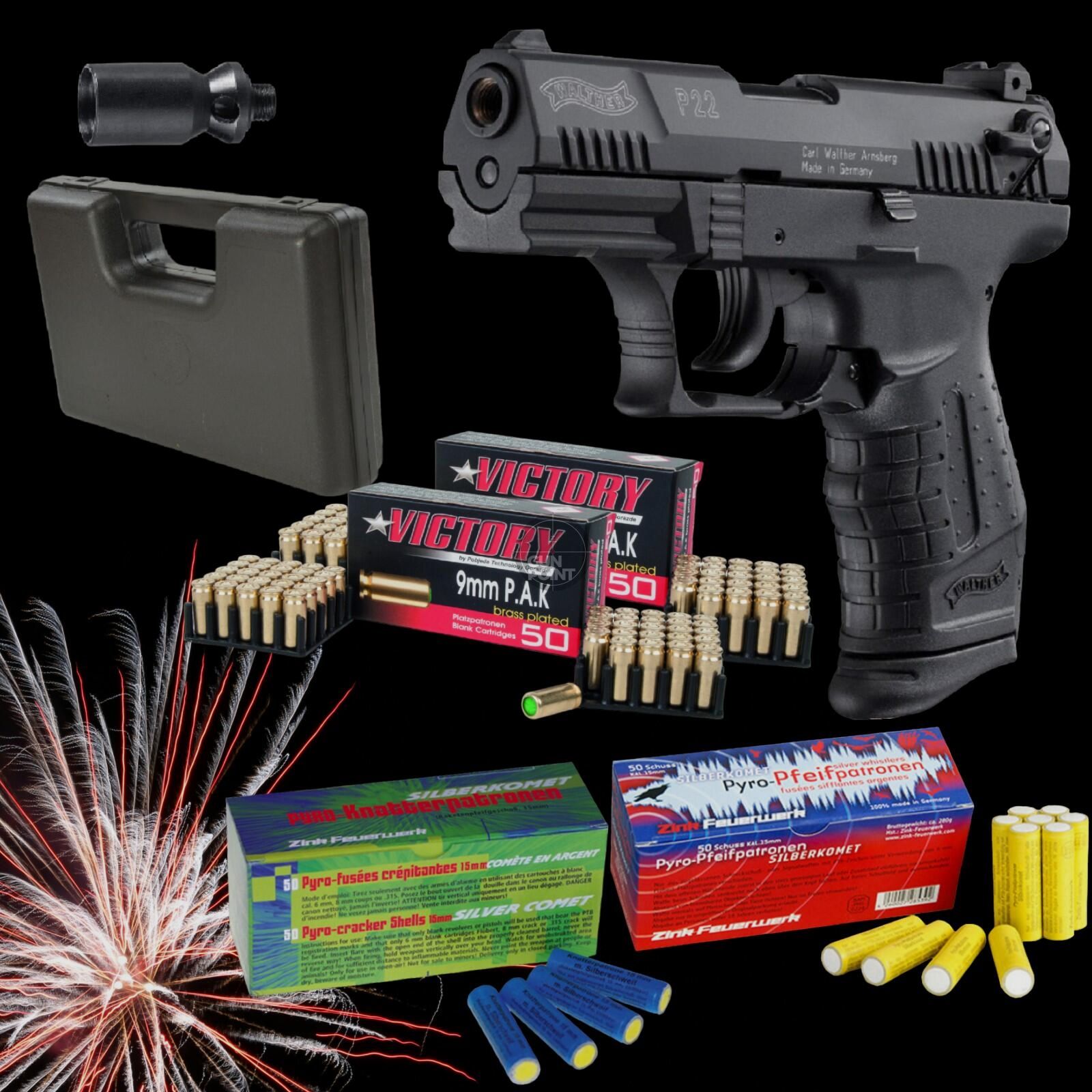SILVESTER MEGASET !!! Schreckschuss - Pistole - Walther P22 - 9 mm P.A.K. inkl. Koffer, 100 Platzpatronen & 100 Schuss Effektmunition