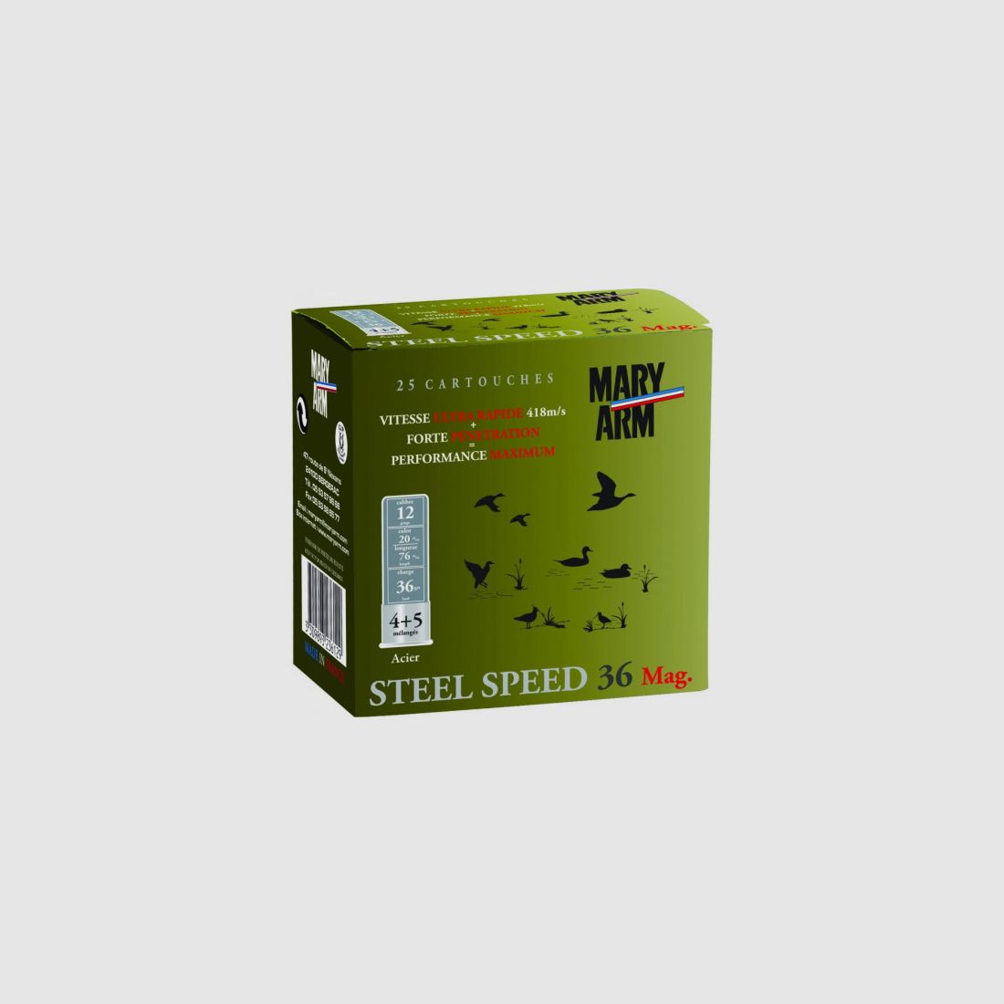 BOX OF 25 MARY ARM STEEL SPEED MAGNUM 28G WAD CAL.20/76 SHOT 4+5 STEEL