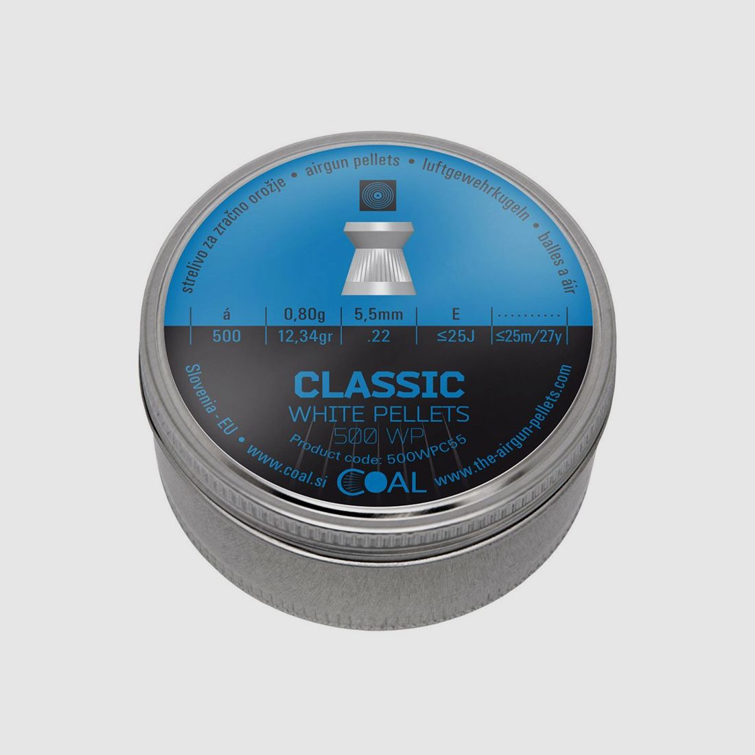 Coal White Pellets Classic Diabolos, Flachkopf, geriffelt, 0,80 g, Kaliber 5,5 mm, 500 StĂĽck