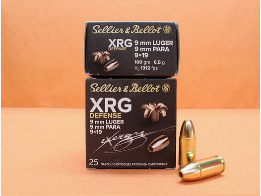 Sellier & Bellot Patrone 9mmLuger S&B/ Sellier&Bellot 100grs HP XRG Defense Vollkupfer Bleifrei VE 25 Patronen/ 6,5g Hohlspitz
