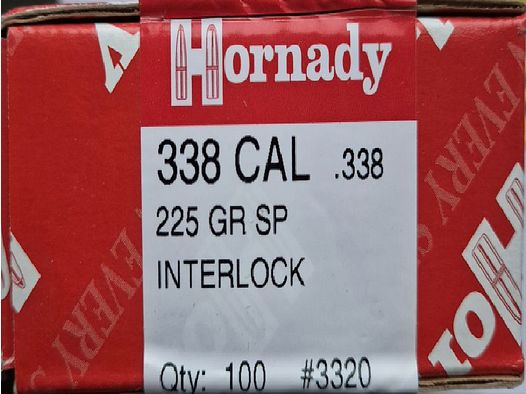 100 Geschosse Hornady .338, 14,6 g, 225 grs Spire Point Interlock