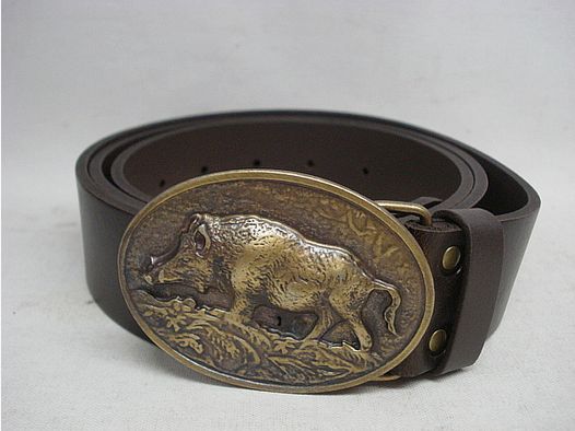 Leren riem met gesp - Motief Wildzwijn, 140 cm, bruin