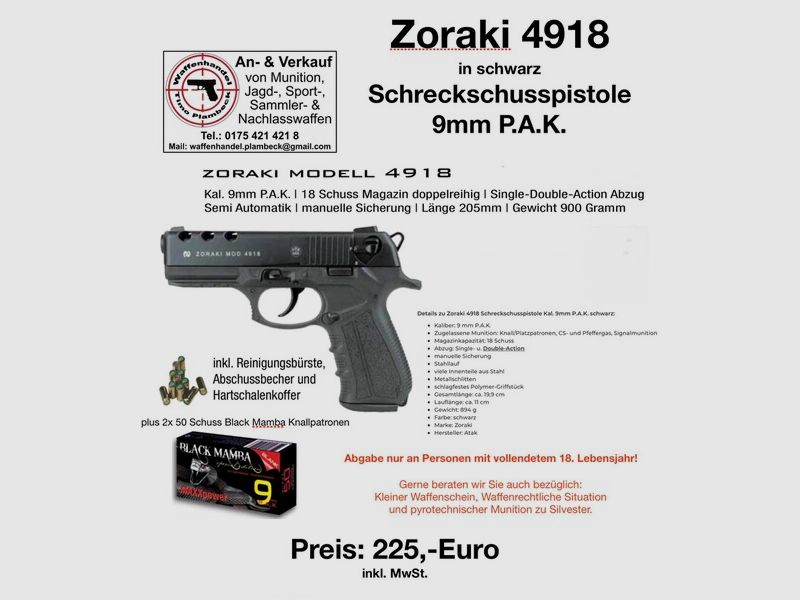 ZORAKI Modell 4918 im Kaliber 9mm P.A.K. mit 100 Schuss Black Mamba Knallpatronen