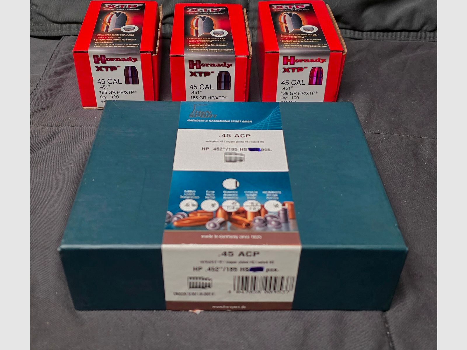 380 pièces de projectiles .45 ACP Hornady XTP + H&N Sport détaillant & Natermann