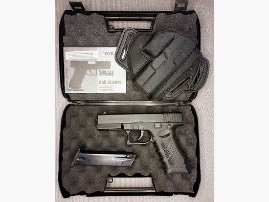 Zoraki 917 schrikpistool 9mm P.A.K. (PTB 1023) met nieuw First Strike Cordura pasvorm holster.