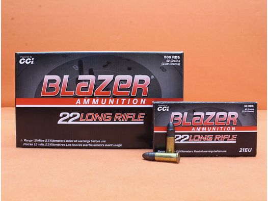 CCI. Patrone .22lr Blazer 40grs LRN (00021) VE 500 Patronen (HV: 1235fps)/ 2,6g Blei-Rundkopf