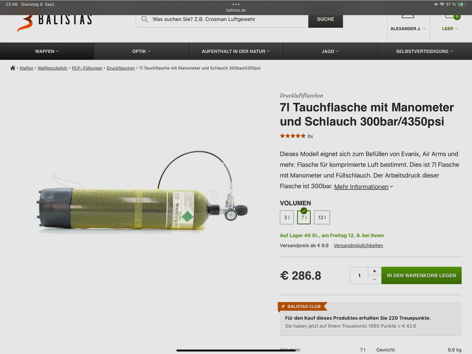 7 Liter 300 bar Tauschflasche paintball, pcp, pressluft