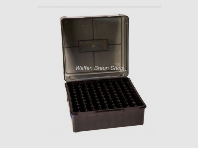 Frankford Arsenal ammunition box #1003 with hinge for 100 cartridges .38 Spec., .357 Mag., .32 S&W