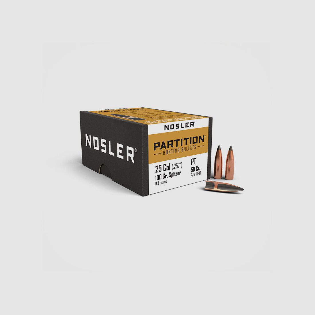 NOSLER – PARTITION HUNTING BULLETS | Calibre 25 (.257″) Spitzer | 100 grains (6,5 grammes) | 50 pièces