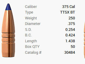 Barnes bullet .375/.375 250GR Tipped TSX Spitzer BT 50 pieces