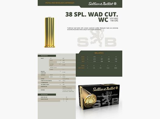 Sellier & Bellot Munition Kal. 38 Wad Cutter 148 grs, 50 Stück