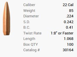 Balle Barnes .22/.224 85GR Match Burners BT 100 pièces