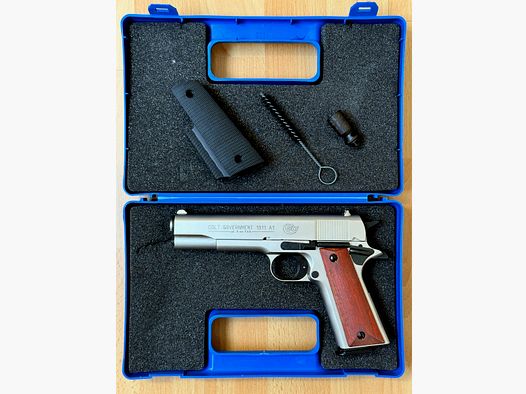 Colt Government 1911 A1 Schreckschuss Pistole 9mm P.A.K. Nickel (PTB 774) Holzgriffe
