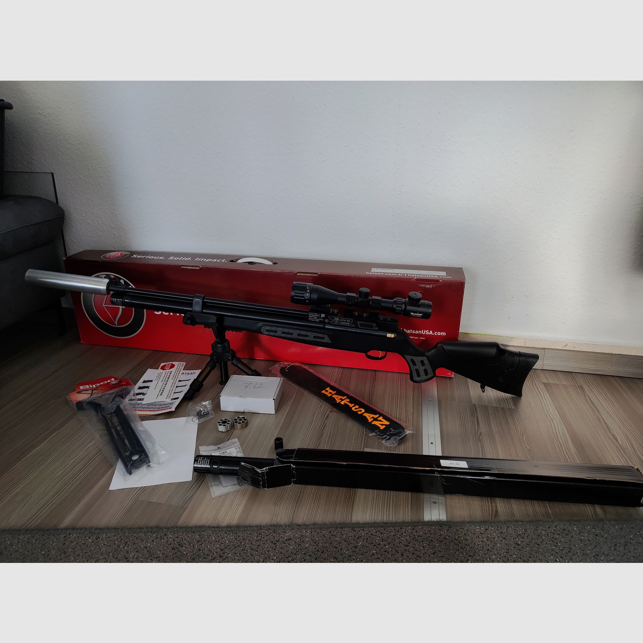 Hatsan BT65 Elite .30 (7.62mm) – Complete set including tuning cartridge (Huma-Air) & custom silencer up to 130 Joules*