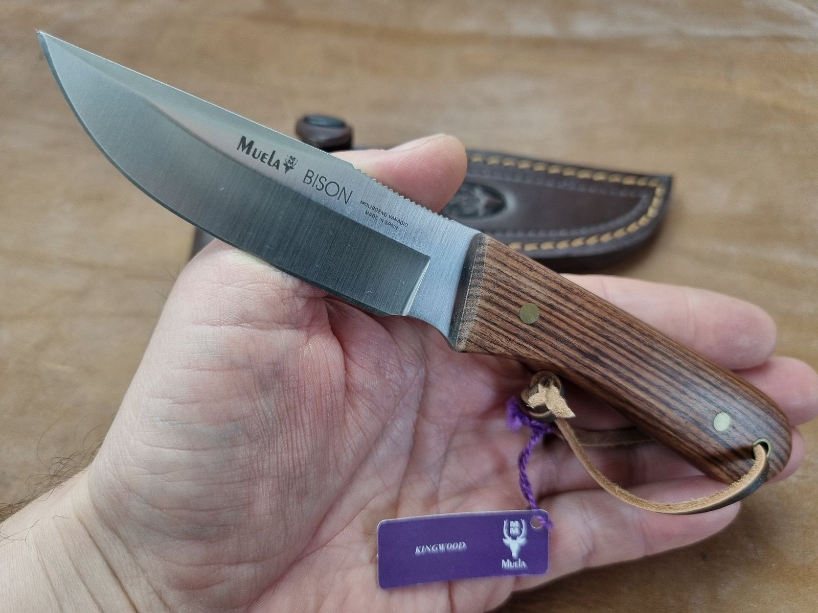 Coltello Bison-9NL in molibdeno-vanadio con fodero in pelle di alta qualità