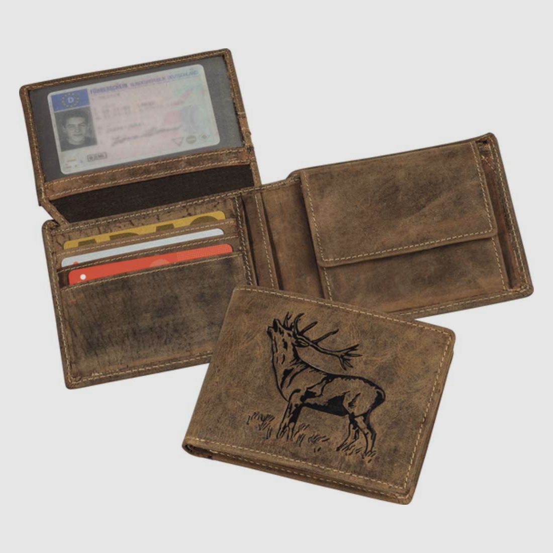 Portefeuille avec motif de cerf, cuir antique, marron