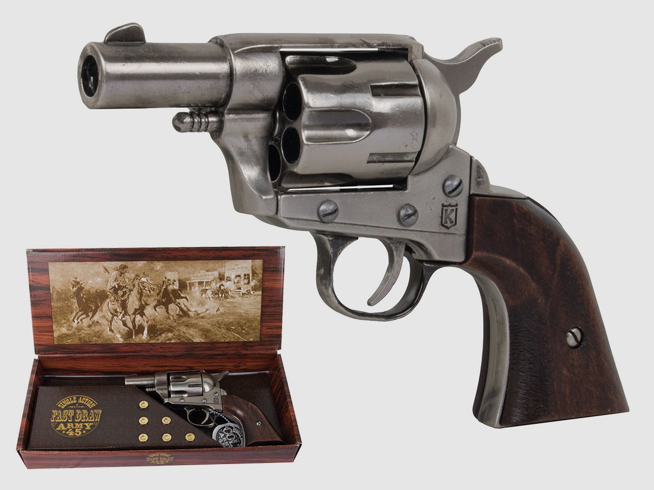 Deko Revolver Kolser Colt SAA Single Action Army Snub Nose 2,5 Zoll Holzgriffschalen nickel poliert