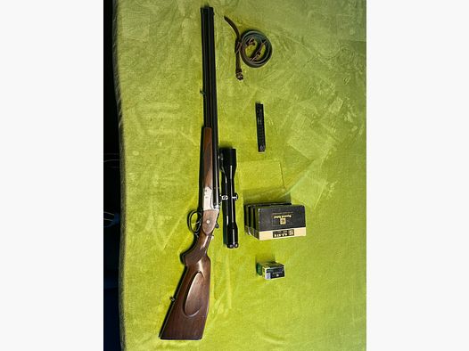 Krieghoff Trumpf Drilling Handspanner 6,5x57R, 16/70, Einstecklauf .22 Magnum 