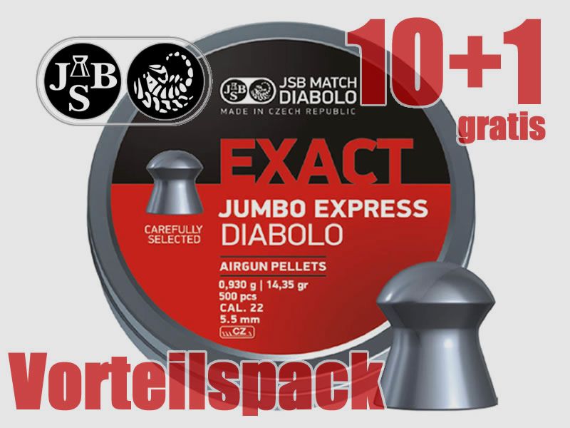 10+1 GRATIS x 500 StĂĽck JSB Rundkopf Diabolo EXACT JUMBO EXPRESS, Kal. 5,52 mm
