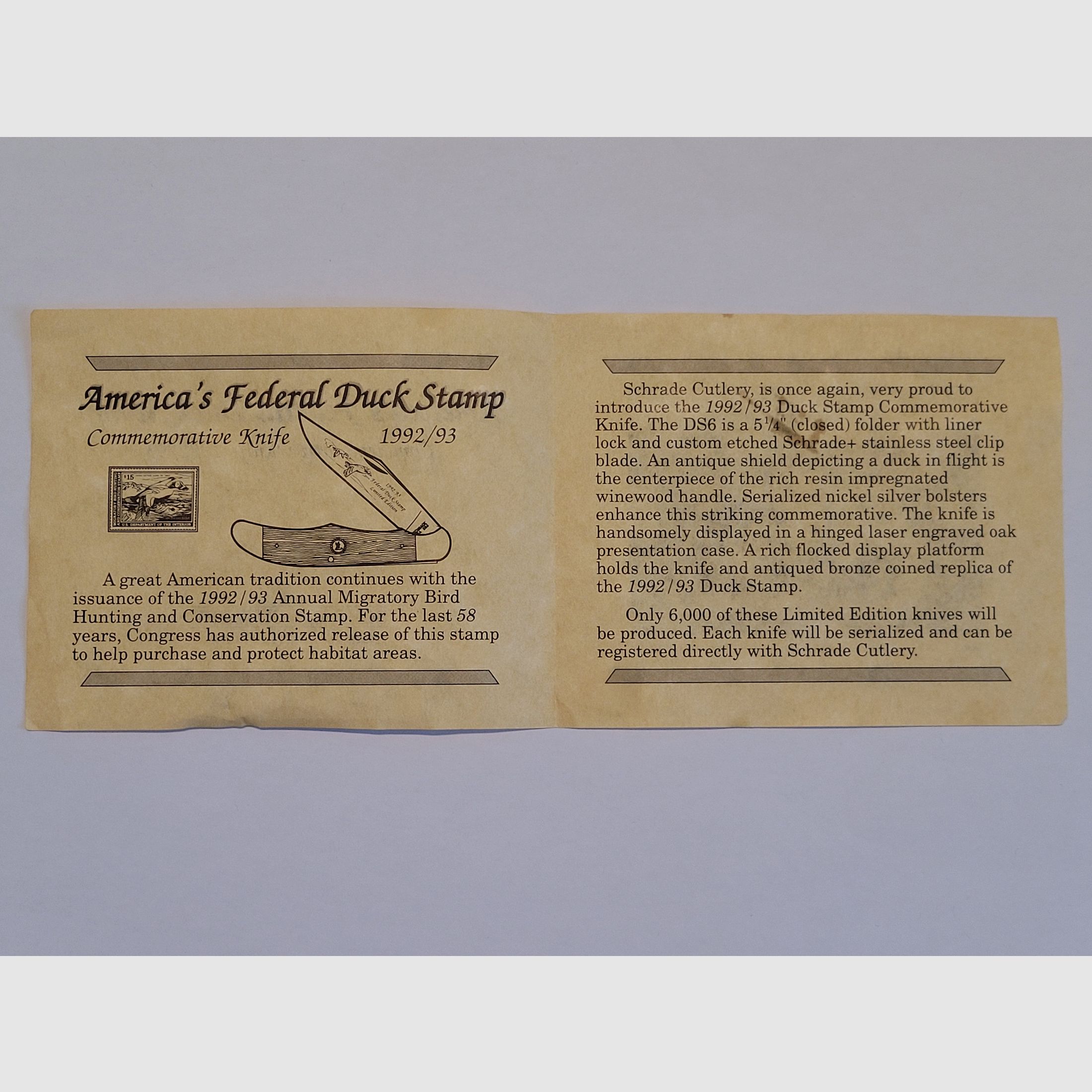 Schrade Cutlery Ducks Stamp Commemorative Knife, Limited Edition 1992-1993, knife in wooden box