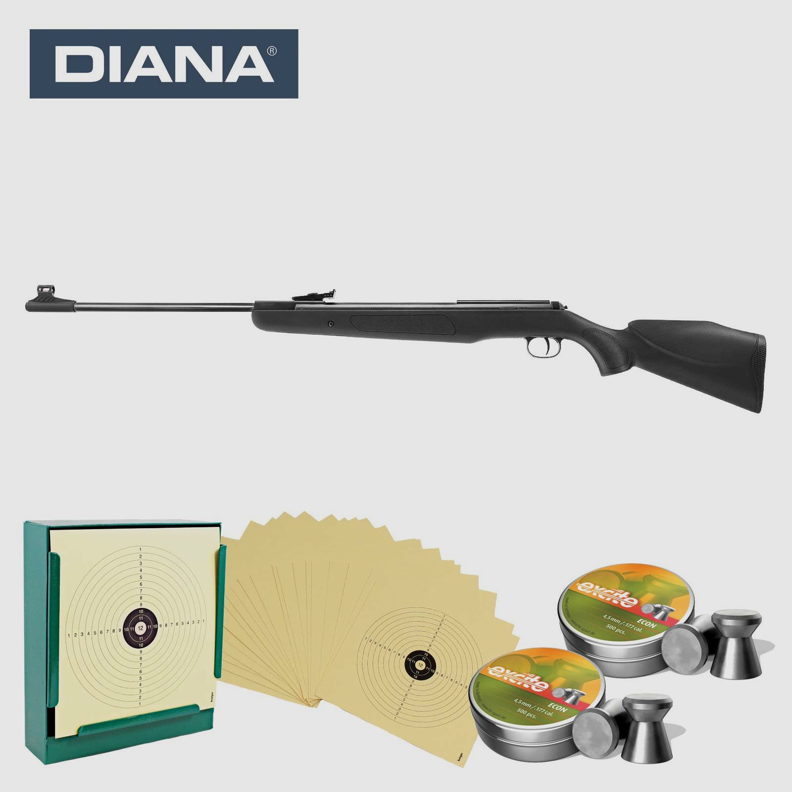 SET Diana Knicklauf Luftgewehr Panther 350 Magnum Kaliber 4,5 mm Diabolo (P18) + 1000 Diabolos + 100 Scheiben + Kugelfang