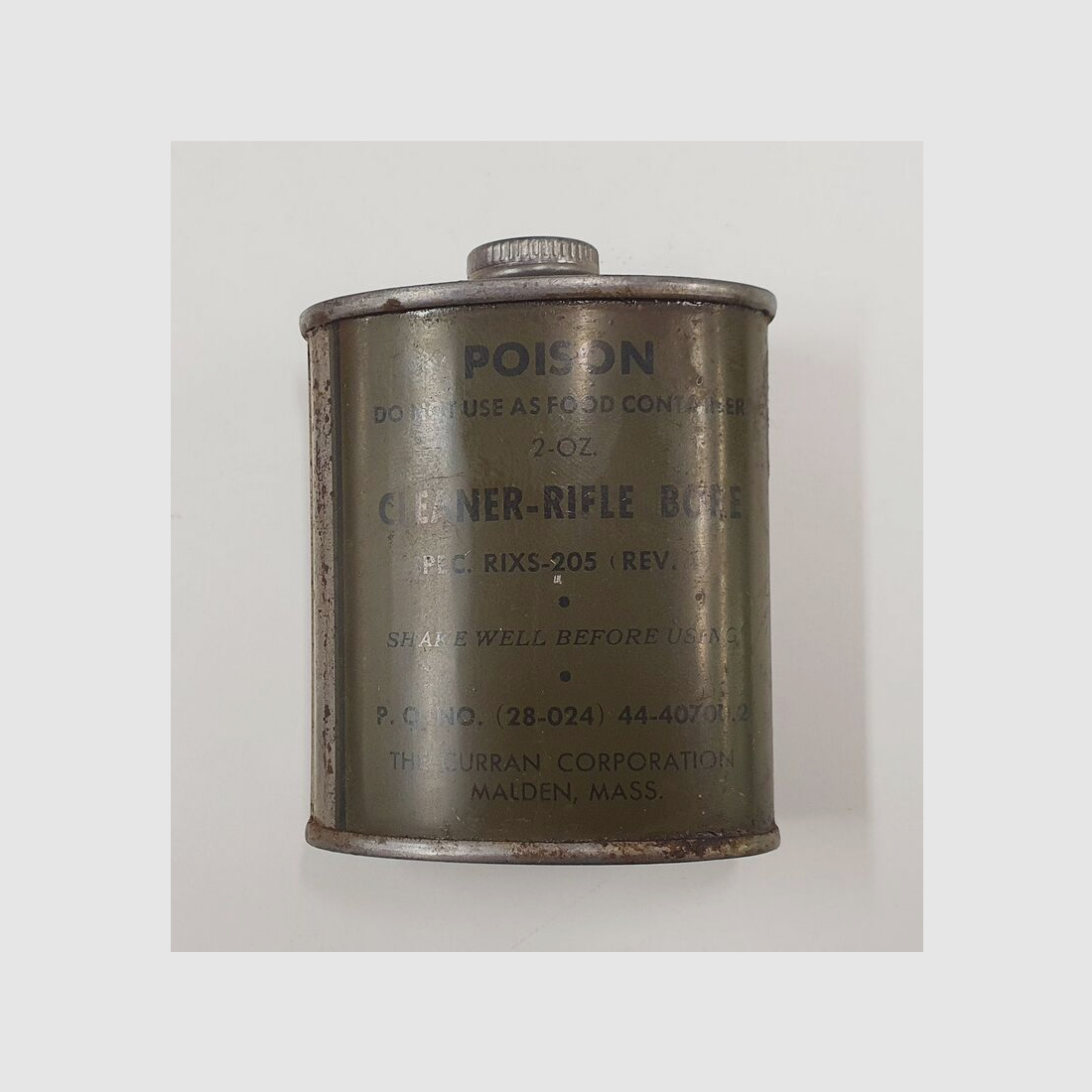originale Pulitore per canna di fucile militare statunitense Vintage RIXS-205 Confezione Blechdose Fläschchen 2oz / 60ml USA
