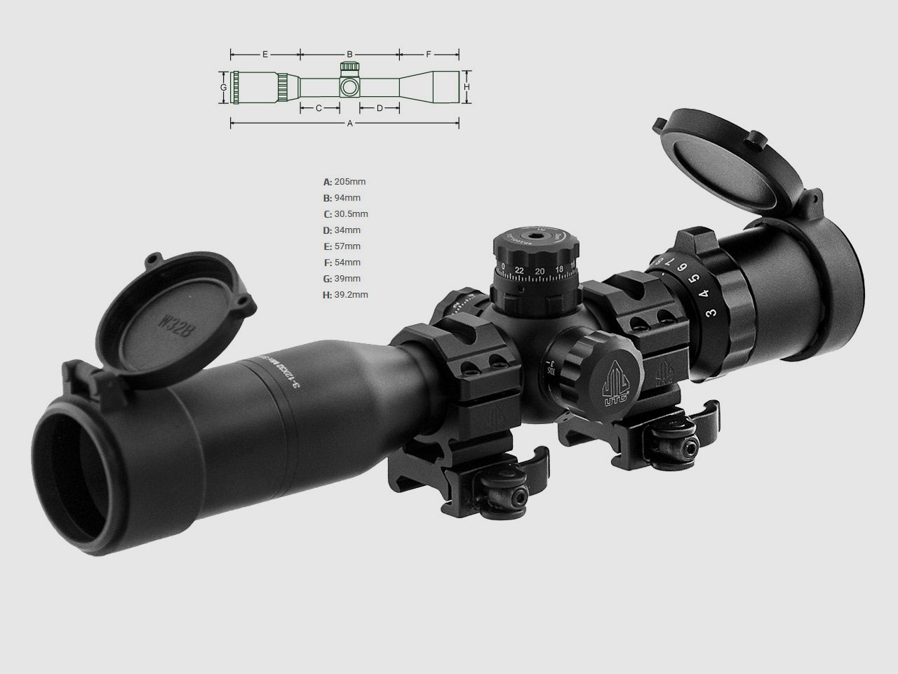 Zielfernrohr UTG BugBuster 3-12x32 Side AO, 1 Zoll Tubus, Mil Dot Absehen, Weaver-, Picatinny Montage