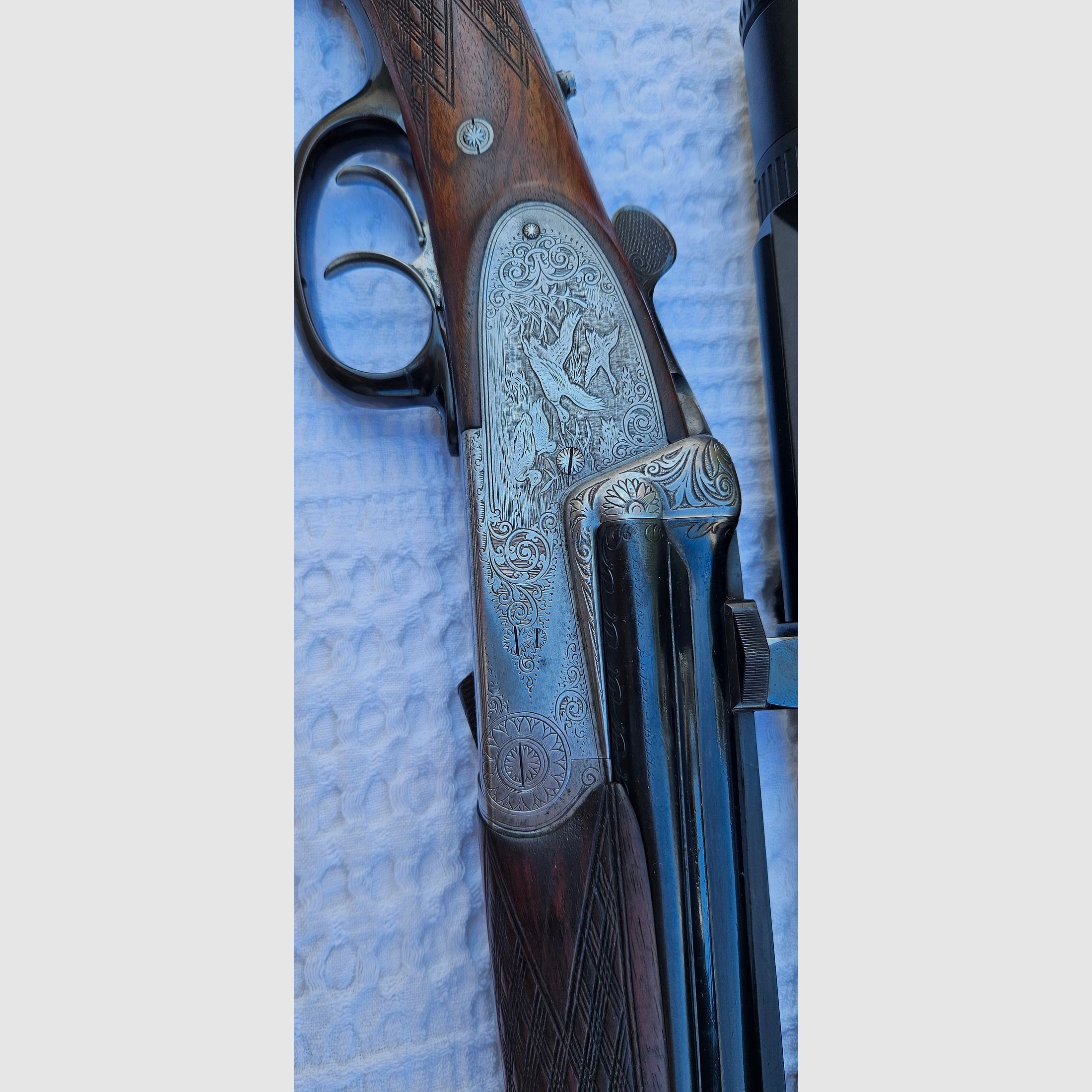 Einzelstück Johannes Feldbusch Bockdrilling • Kal. 7x65R - .222 Rem. - 16/70 • Böhler Antinit • Zeiss Diavari VM 2,5-10x50 T*