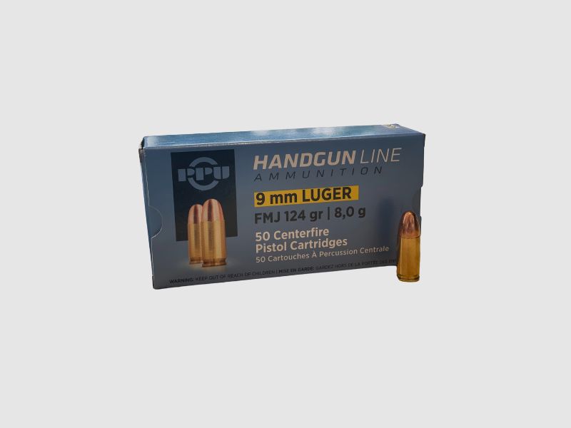 PPU 9MM LUGER FMJ - 124GRS/ 8,0G . - 50 KURZWAFFENPATRONEN