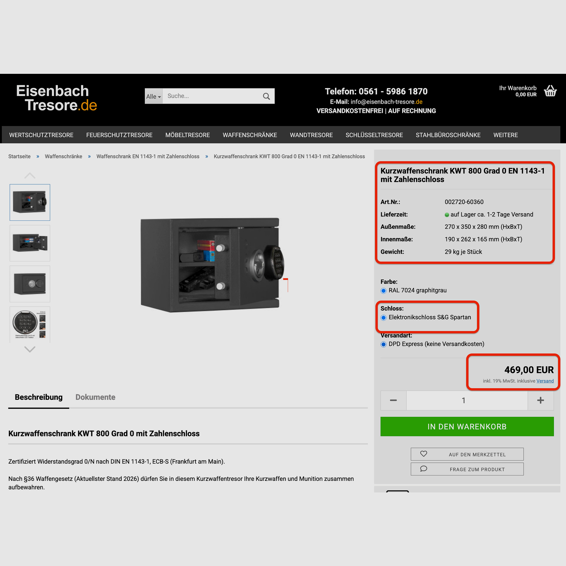 Armadio blindato con combinazione KWT 800 grado 0 EN 1143-1 per armi corte, munizioni e chiavi NUOVO