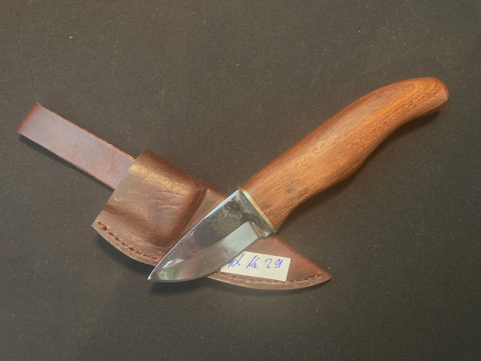 Skinner, Jagdmesser, Gürtelmesser, Messing, Lederscheide, Holzgriff, 39