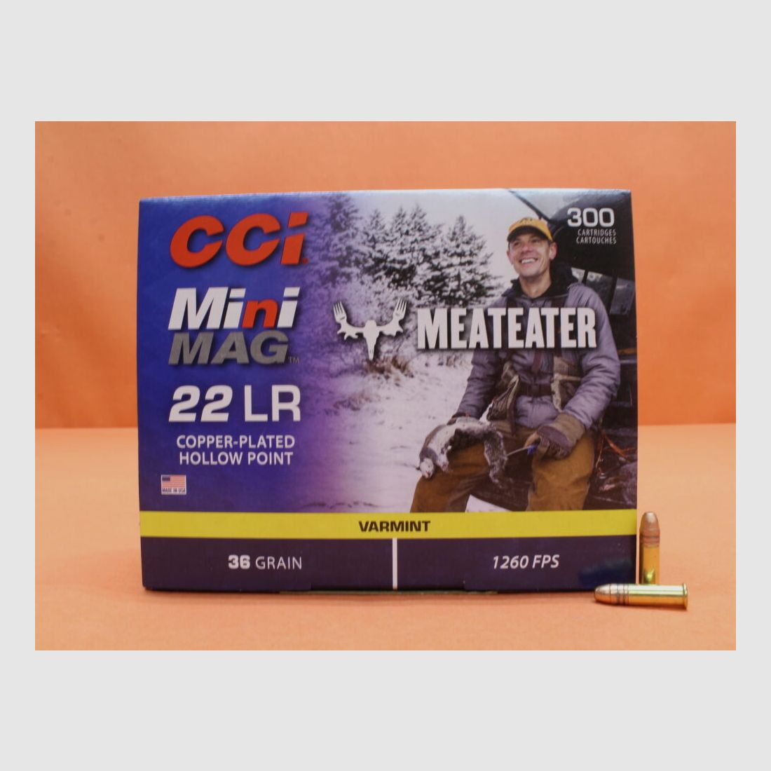 CCI. Cartridges .22lr CCI 36grs HP (00962ME) Mini Mag HS Meat Eater VE 300 cartridges (HV: 1260fps) copper plated/ 2.6g lead hollow point copper plated