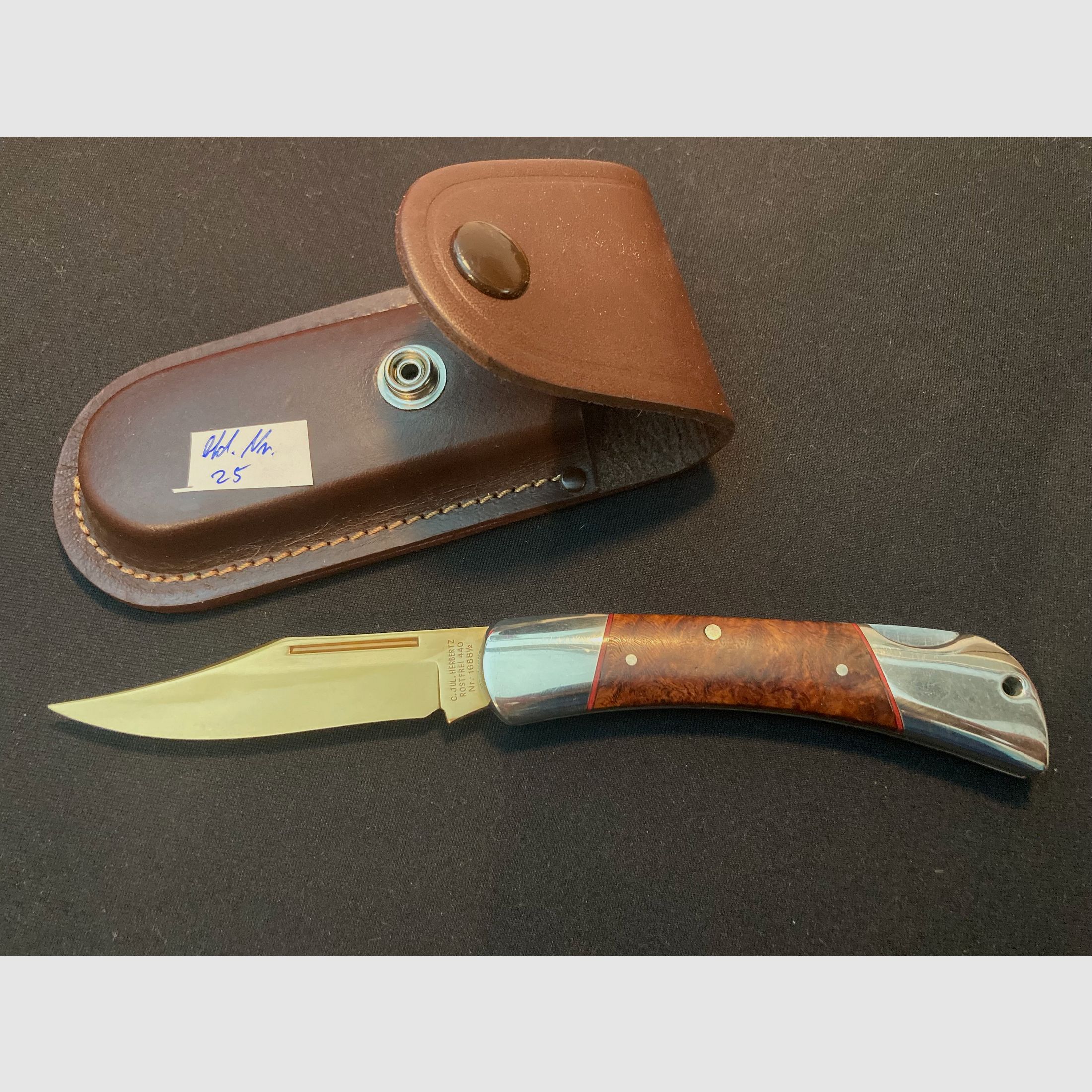 Klappmesser, Taschenmesser, Stainless 440, Titan coated, Leder Gürsteltasche braun
