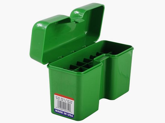 Boîte à cartouches MTM RF22-LM-10 verte avec couvercle rabattable pour 22 cartouches .300 et autres.
