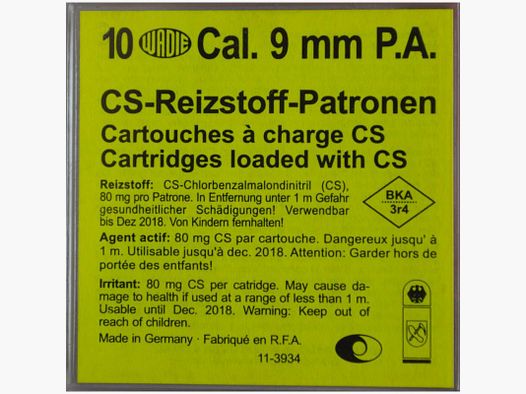 10 CS Gas Cartridges 9mm P.A.