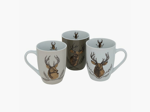 Lovergreen Kunst des Tisches Motiv Set mit 3 Porzellan-Tassen Hirschkopf