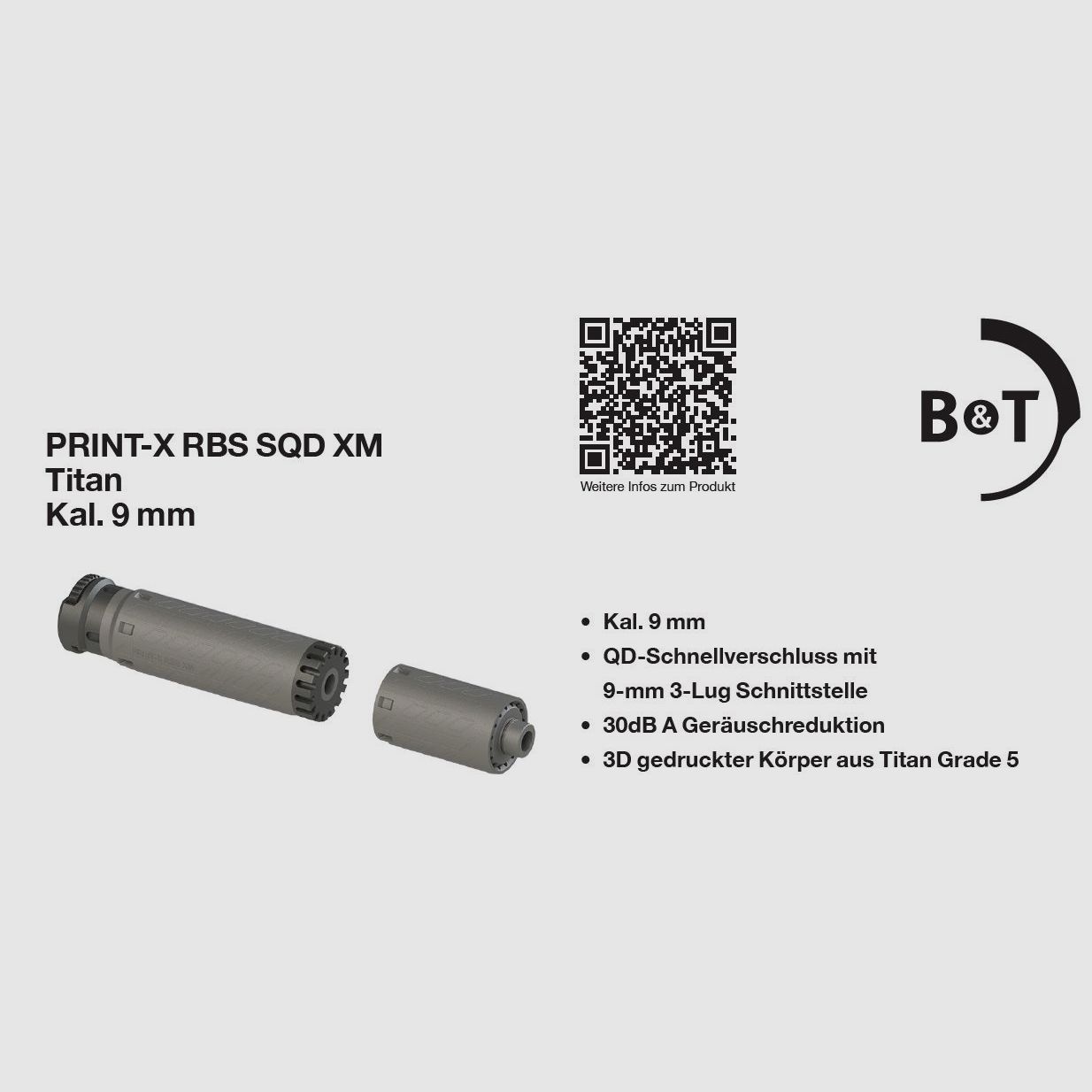 Schalldämpfer B&T AG RBS PRINT-X SQD-XM 9mm , QD-Schnellverschluss mit 9-mm 3-Lug Schnittstelle, Bild 1 von 3