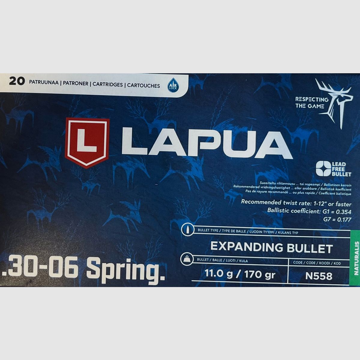 Lapua Naturalis SIN PLOMO .30-06Spring. 170grs - 20 disparos