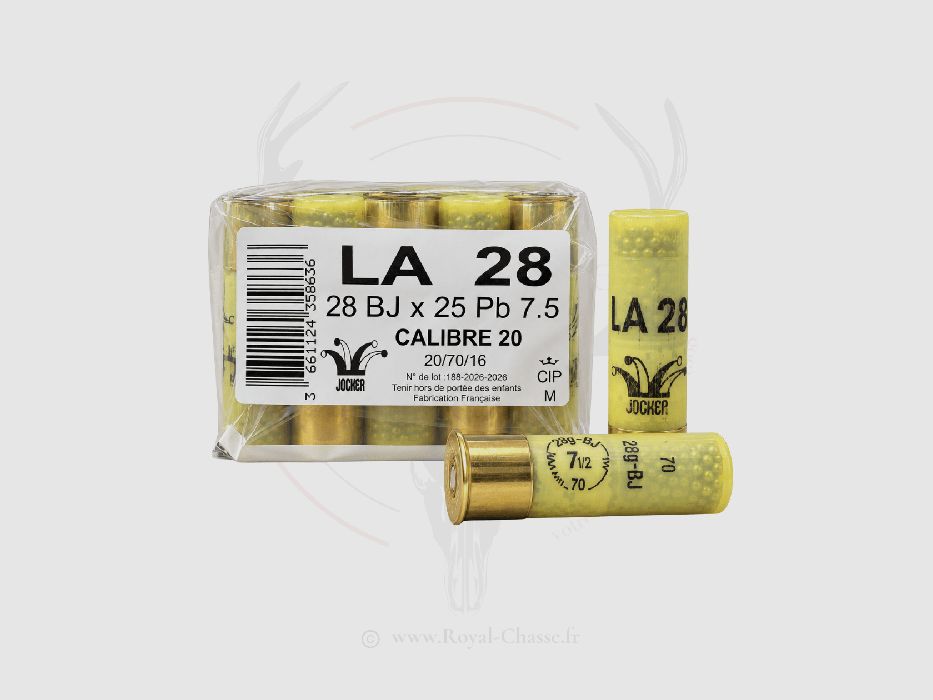 25 cartuchos LA 28 BJ Cal.20/70 Amarillo Transparente JOCKER