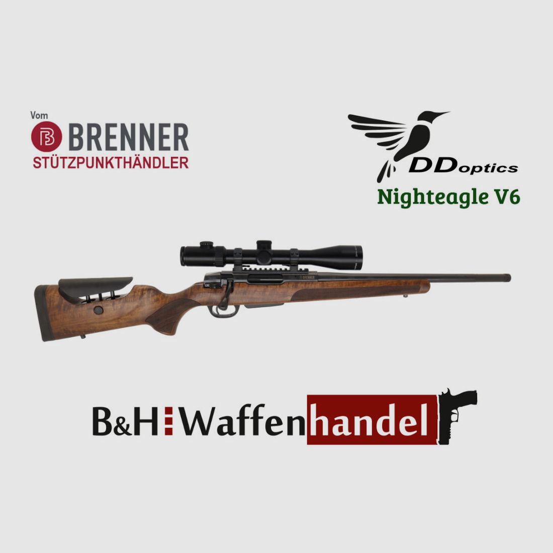 Brenner Komplettpaket:	 BR20 L.E. Holzschaft, verstellbarer Schaftrücken DDoptics 2.5-16x42 oder 2.5-15x50 Jagd Repetierbüchse Finanzierung möglich