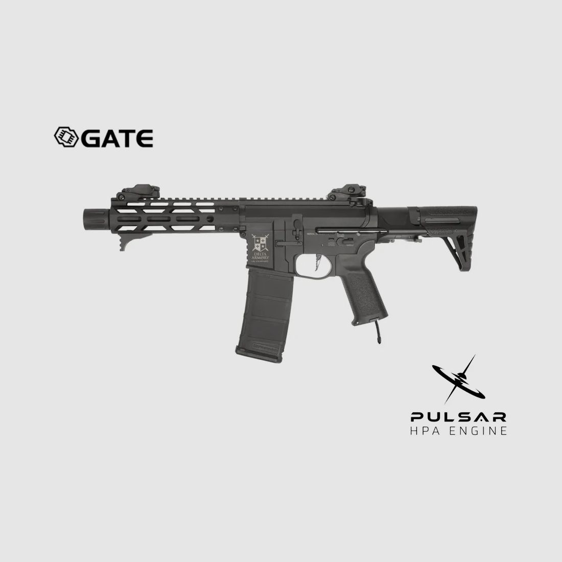 Delta Armory Airsoft Gewehr AR15 TALOS 3 PDW ALPHA Eagle mit GATE PULSAR HPA in Schwarz