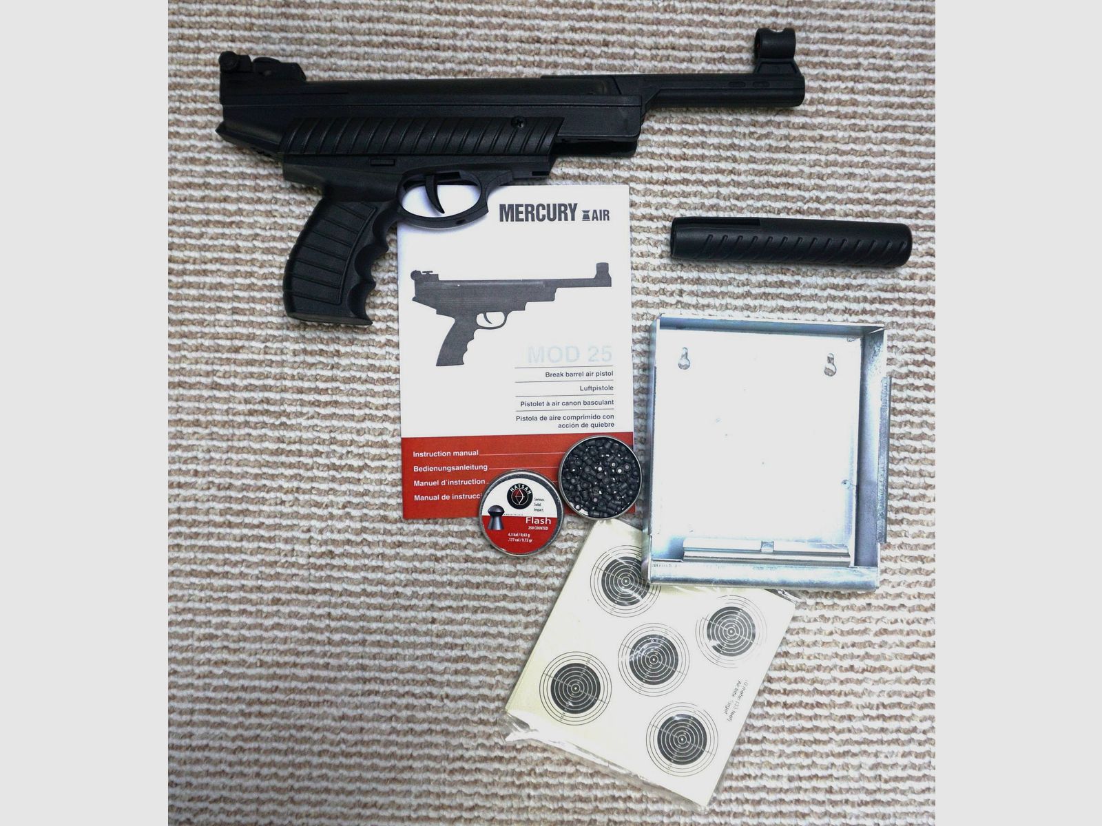Luftpistole Mercury Air MOD 25 + Kugelfangkasten + Scheiben + Diabolos
