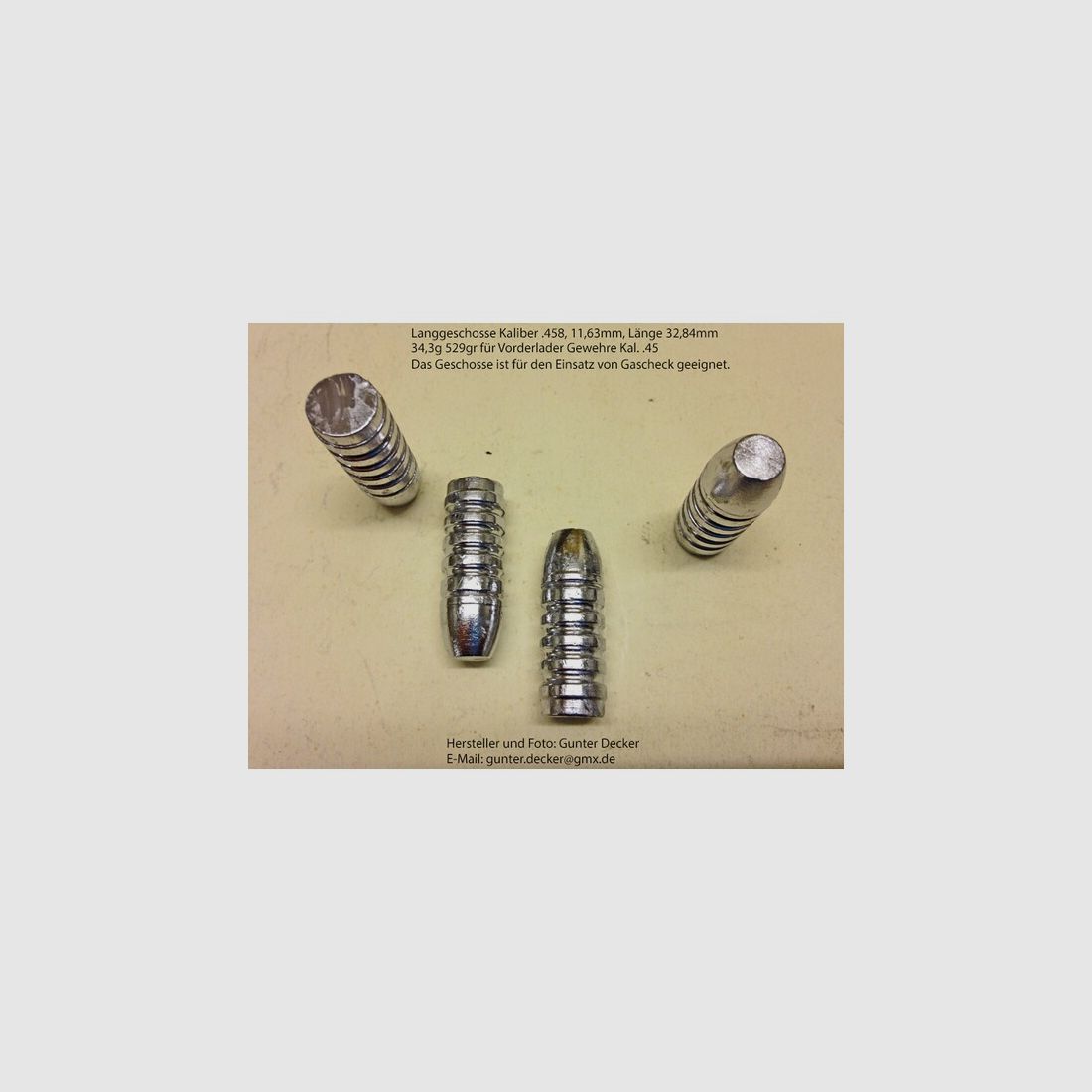 Langgeschosse Kaliber .458 11,68mm Länge 32,8mm 34,3g 529gr 5 Fettrillen für Vorderlader Gewehre .45